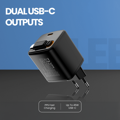Volkano Sleek Series Fast Wall Charger 45W USB-C with Built-in Retractable 75cm Cable - Black | VK-8082-BK