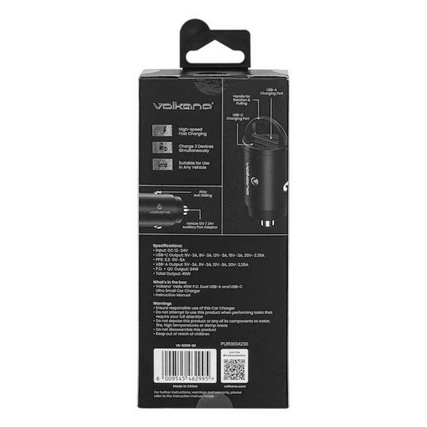 Volkano Veilix Series 45w PD Dual USB-A and USB-C Ultra Small Car Charger - Black | VK-8008-BK