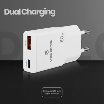 Volkano Mighty Series 20w Dual USB-A & USB-C GaN Wall Charger | Vk-8063-WT