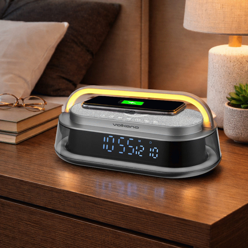 Volkano Awaken Series Alarm Clock with Wireless Charging and Speaker | VK-3129-GR