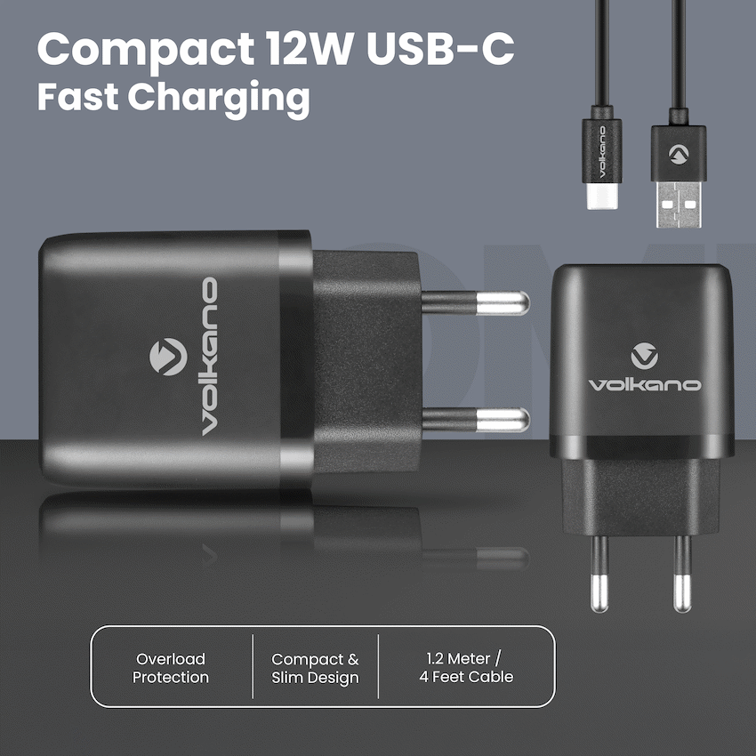 Volkano Volt-C Series Dual USB and USB-C Wall Charger with USB to USB-C Cable Included | VK-5002C-BK[V2]