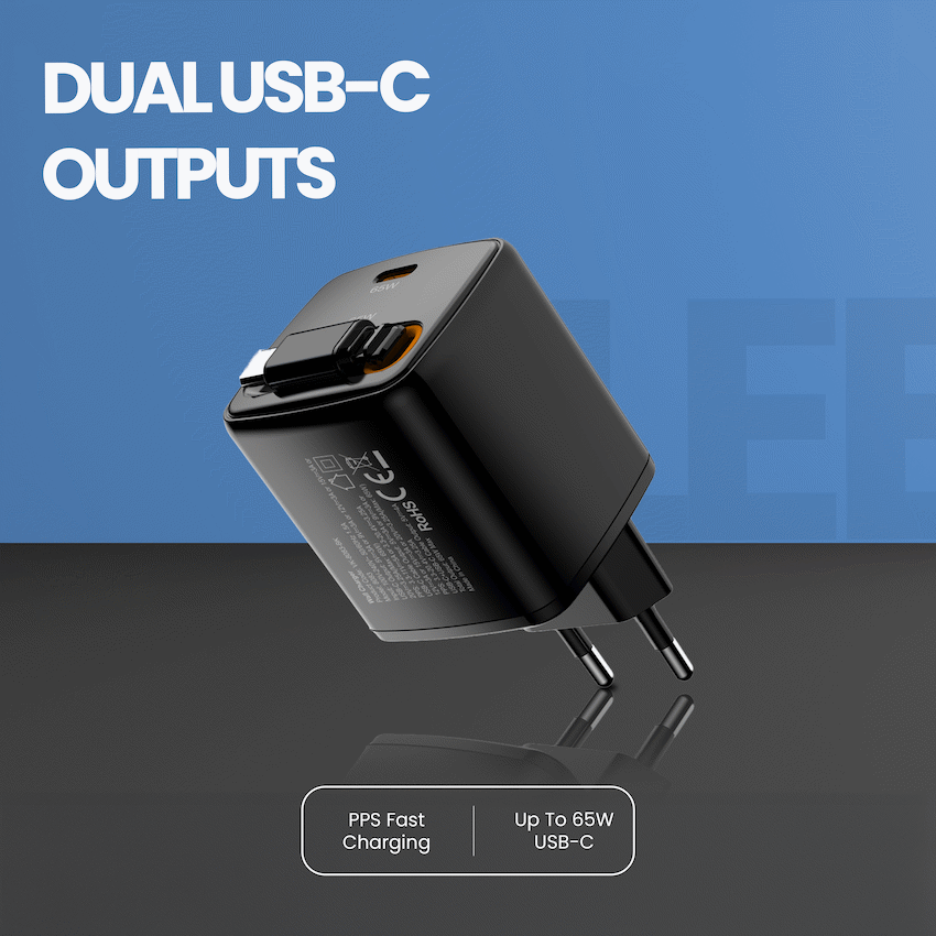 Volkano Sleek Series Fast Wall Charger 65W USB-C with Built-in Retractable 75cm Cable - Black | VK-8083-BK