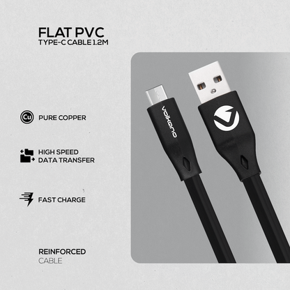 Volkano Slim Series Flat PVC Type-C Cable 1.2m - Black | VK-20085-BK