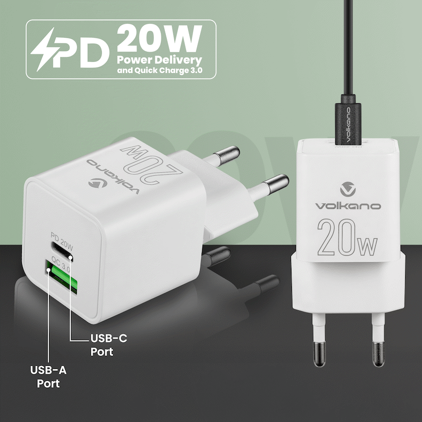 Volkano Dyna Duo 20w PD + QC 3.0 Wall Charger | VK-8058-WT