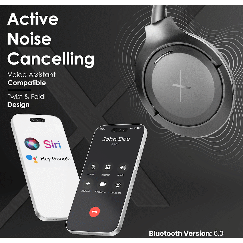 VolkanoX VXH100 Bluetooth Headphones with ANC  - Black | VKX-2105-BK