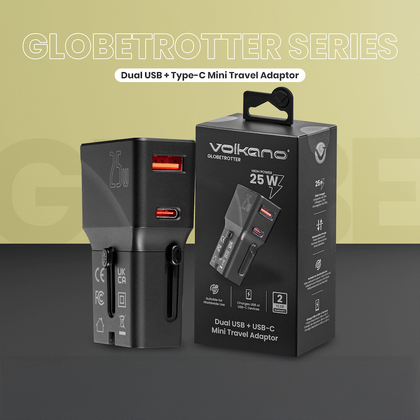 Volkano Globetrotter Series 25w Dual USB + Type-C Mini Travel Adaptor | Vk-8028-BK