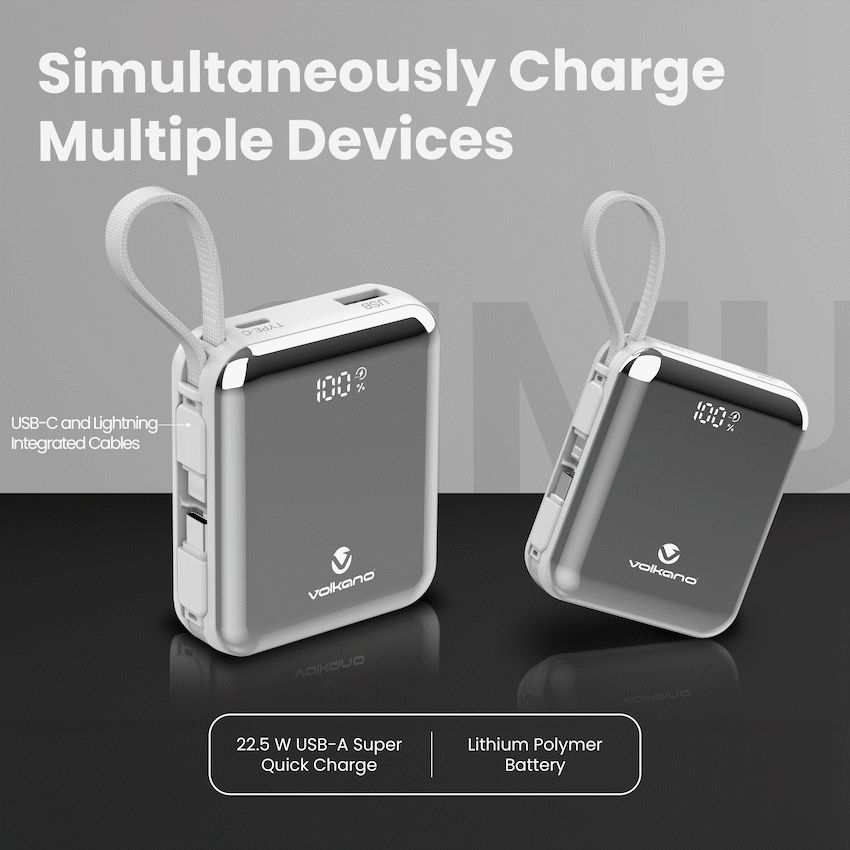 Volkano Solace Series 10 000 mAh Power Bank with Built-in USB-C & Lightning Cable - White & Silver | VK-9039-WT/SL