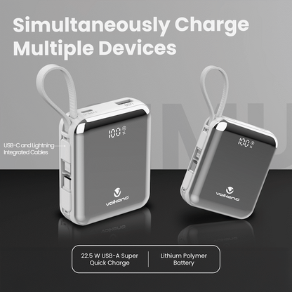 Volkano Solace Series 10 000 mAh Power Bank with Built-in USB-C & Lightning Cable - White & Silver | VK-9039-WT/SL