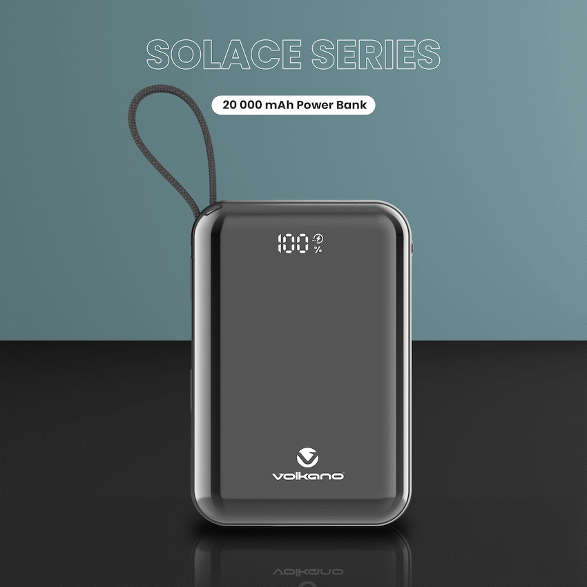 Volkano Solace Series 20 000 mAh Power Bank with Built-in USB-C & Lightning Cable - Black | VK-9040-BK