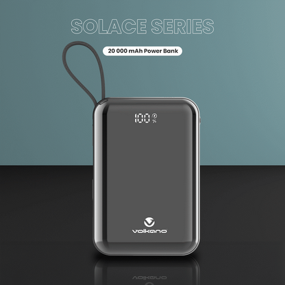 Volkano Solace Series 20 000 mAh Power Bank with Built-in USB-C & Lightning Cable - Black | VK-9040-BK