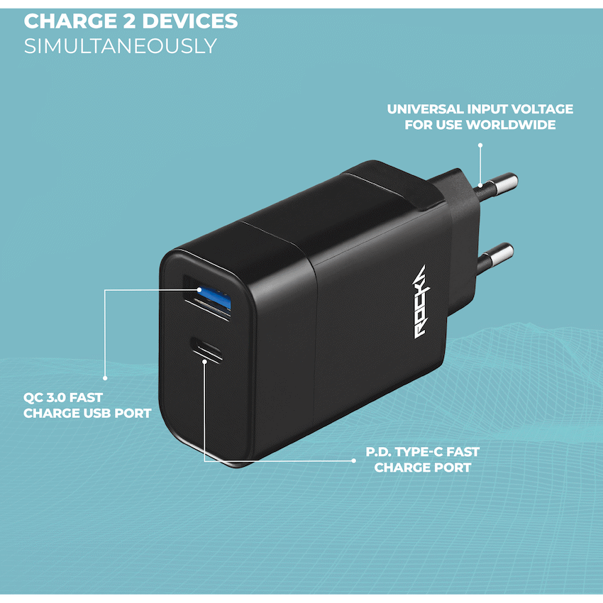 Rocka Rapid Series QC3.0 + PD Wall Charger, 18w, with Cable | RK-8039-BK