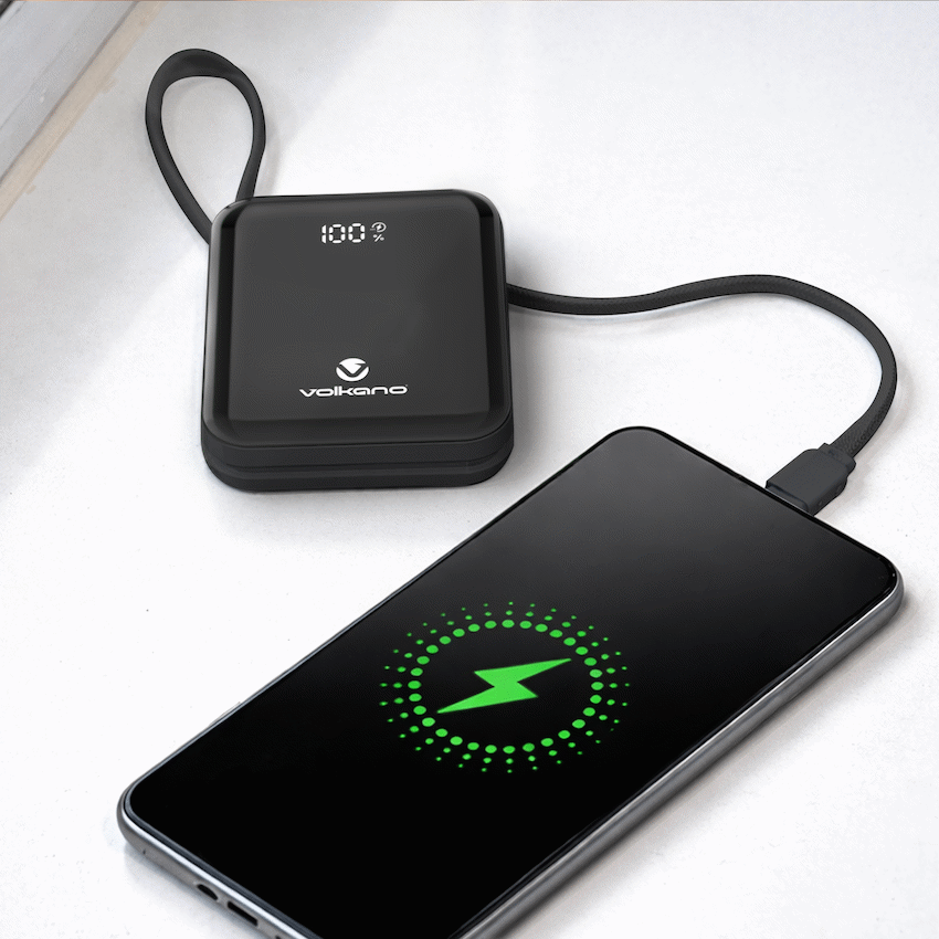 Volkano Solace Series 10 000 mAh Power Bank with Built-in USB-C & Lightning Cable - Black | VK-9039-BK