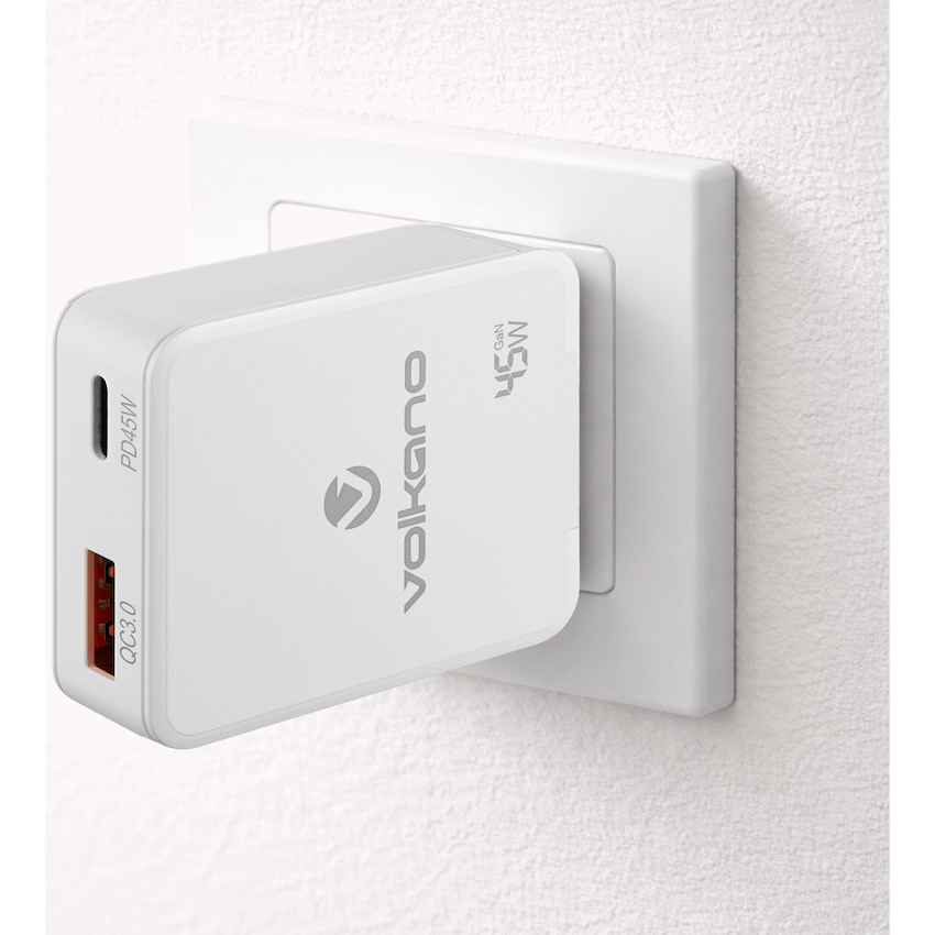Volkano Potent Plus series 45W GaN Compact Dual USB and USB-C PD Wall Charger | VK-8054-WT[V2]