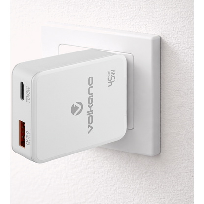 Volkano Potent Plus series 45W GaN Compact Dual USB and USB-C PD Wall Charger | VK-8054-WT[V2]