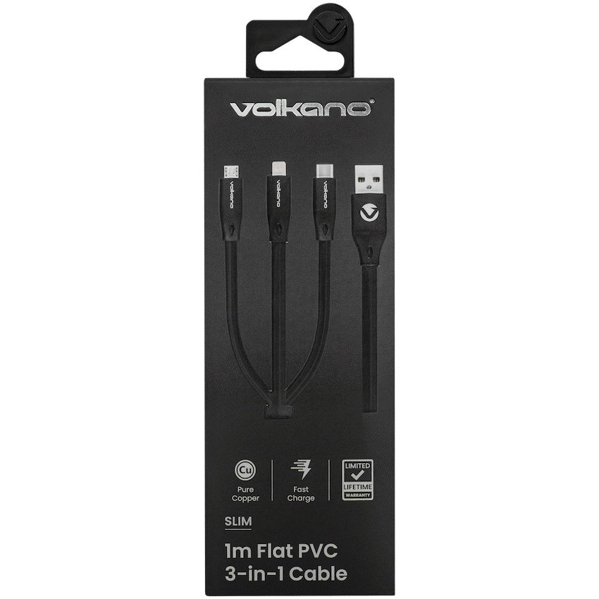 Volkano Slim Series Flat PVC 3-in-1 (Type-C / Lightning / Micro) Cable 30W 1m- Black | VK-20086-BK