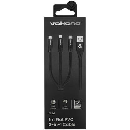Volkano Slim Series Flat PVC 3-in-1 (Type-C / Lightning / Micro) Cable 30W 1m- Black | VK-20086-BK