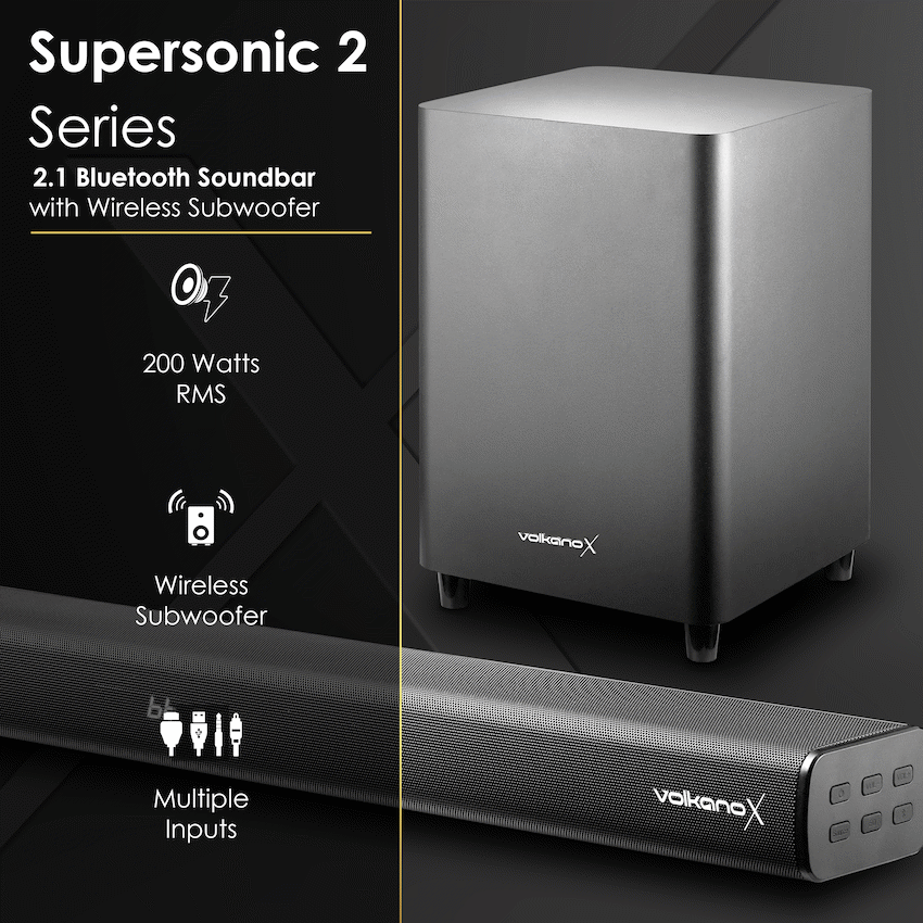 VolkanoX Supersonic 2 Series 2.1 200w Soundbar System with Wireless Subwoofer - Black | VK-3911-2.1[V2]
