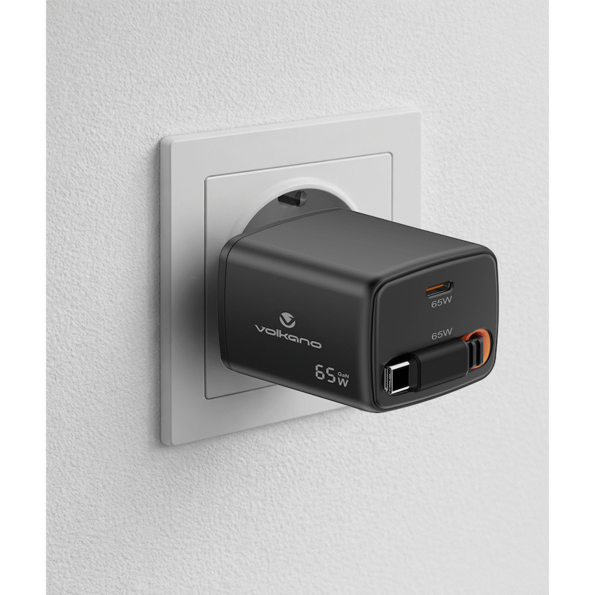Volkano Sleek Series Fast Wall Charger 65W USB-C with Built-in Retractable 75cm Cable - Black | VK-8083-BK