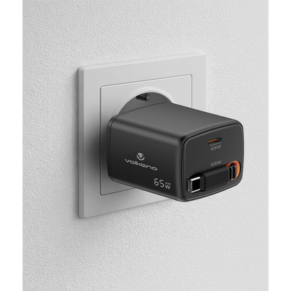 Volkano Sleek Series Fast Wall Charger 65W USB-C with Built-in Retractable 75cm Cable - Black | VK-8083-BK