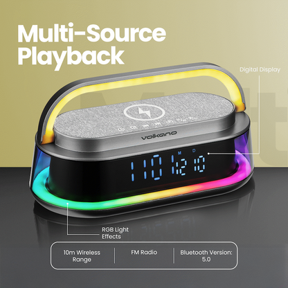 Volkano Awaken Series Alarm Clock with Wireless Charging and Speaker | VK-3129-GR