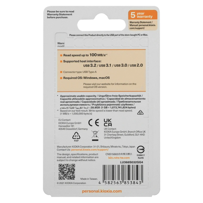 Kioxia TransMemory U366 32GB USB 3.2 Gen 1 Metal Type-A Flash Drive (Silver) | LU366S032GG4