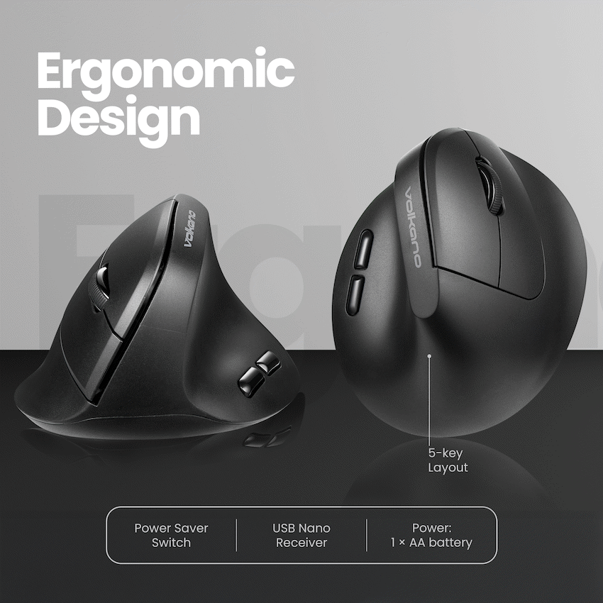 Volkano Curve Series Ergonomic Bluetooth Wireless mouse - Black | VK-20305-BK