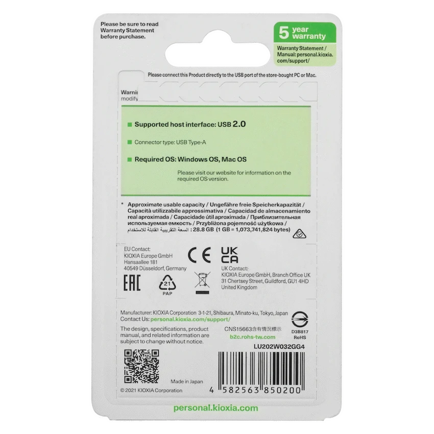 Kioxia TransMemory U202 32GB USB 2.0 Type-A Flash Drive (White) | LU202W032GG4
