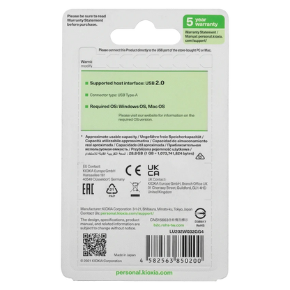 Kioxia TransMemory U202 32GB USB 2.0 Type-A Flash Drive (White) | LU202W032GG4