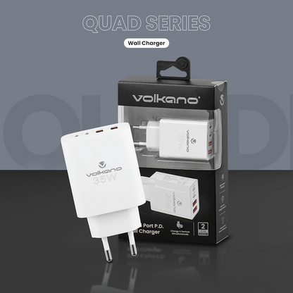 Volkano Quad Series 2x PD USB-C 2x USB-A 3a 35W Wall Charger | VK-8059-WT