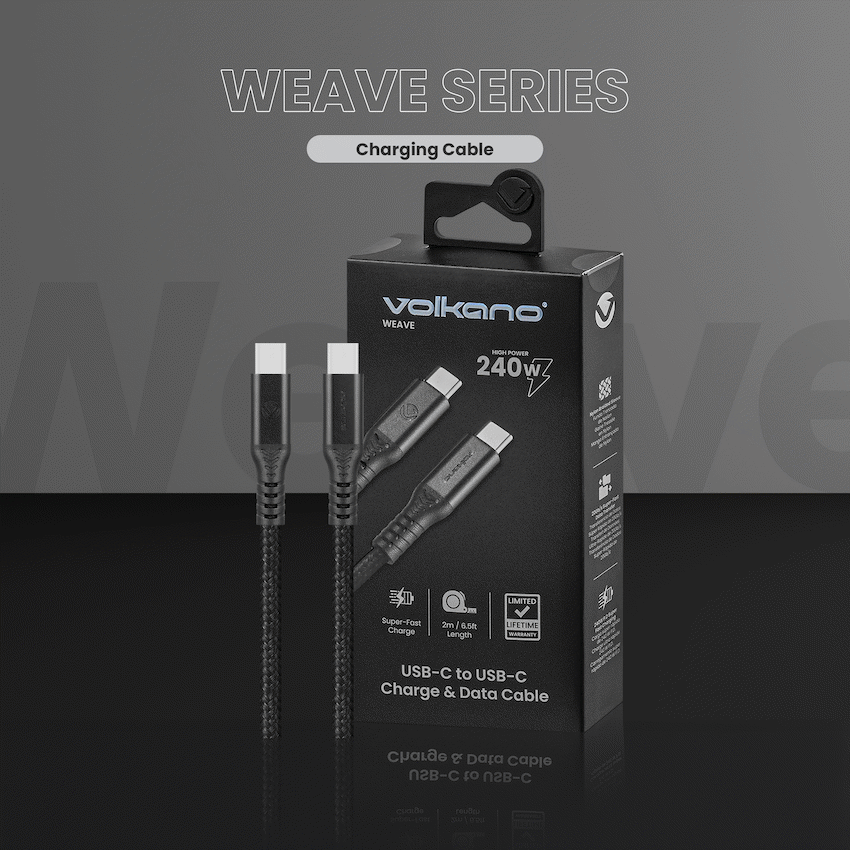 Volkano Weave Series USB C to USB C 240W 20Gbps 2m-black | VK-30239-BK