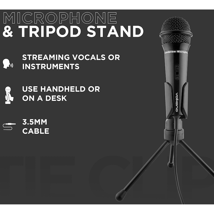 Volkano Stream Vocal Microphone with Tripod, Aux | VK-6519-BK