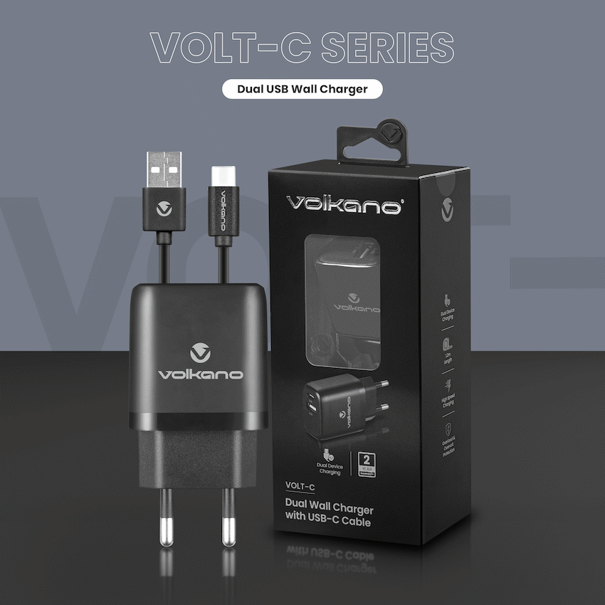 Volkano Volt-C Series Dual USB and USB-C Wall Charger with USB to USB-C Cable Included | VK-5002C-BK[V2]