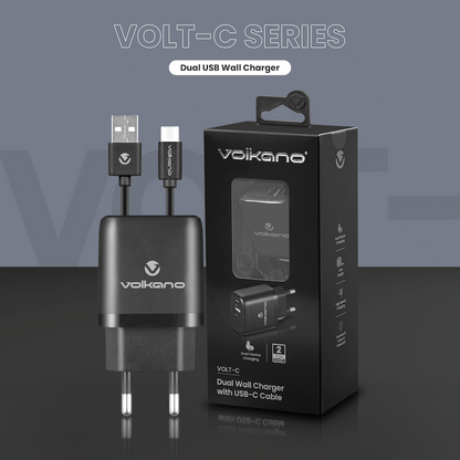 Volkano Volt-C Series Dual USB and USB-C Wall Charger with USB to USB-C Cable Included | VK-5002C-BK[V2]