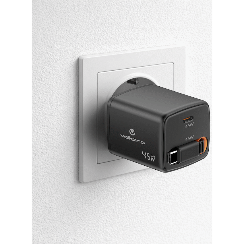Volkano Sleek Series Fast Wall Charger 45W USB-C with Built-in Retractable 75cm Cable - Black | VK-8082-BK