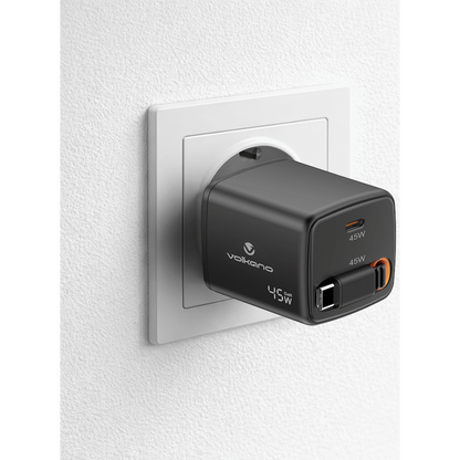 Volkano Sleek Series Fast Wall Charger 45W USB-C with Built-in Retractable 75cm Cable - Black | VK-8082-BK