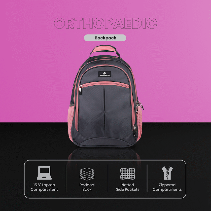 Volkano Orthopaedic Backpack 27L - Dark Grey/Pink | VK-7093-DGRPK