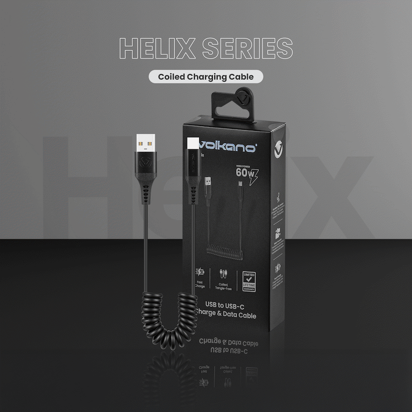 Volkano Helix Series Coiled 1m Charging Cable USB-A To USB-C 60W - Black | VK-20376-BK
