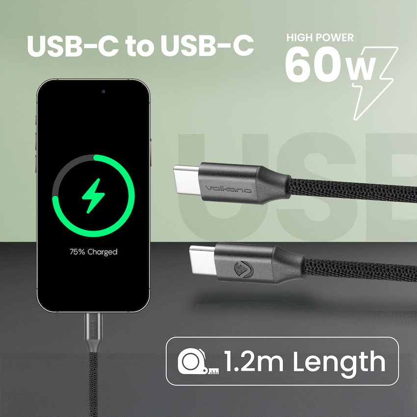 Volkano Weave Series Type-C to Type-C Cable (1.2m, 60w) - Black | VK-20167-BK
