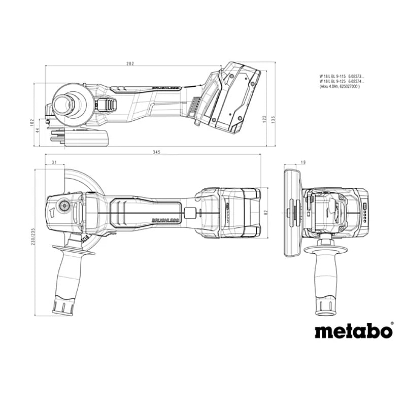 Metabo W 18 L BL 9-125 Cordless Angle Grinder 125mm 5.2Ah Kit | 602374650
