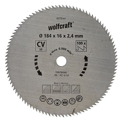 Wolfcraft 1 Cr-V Steel Circular Saw Blade, D184MM X B16MM X K2.4MM - T100 | 6273000