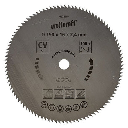 Wolfcraft 1 Cr-V Steel Circular Saw Blade, D190MM X B16MM X K2.4MM - T100 | 6275000