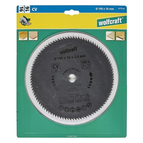 Wolfcraft 1 Cr-V Steel Circular Saw Blade, D190MM X B16MM X K2.4MM - T100 | 6275000