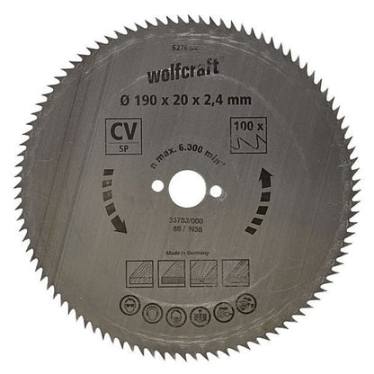 Wolfcraft 1 Cr-V Steel Circular Saw Blade, D190MM X B20MM X K2.4MM - T100 | 6276000