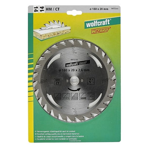 Wolfcraft 1 TCT Circular Saw Blade, D180MM X B20MM X K2.6MM - 28T | 6472000