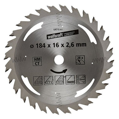 Wolfcraft 1 TCT Circular Saw Blade, D184MM X B16MM X K2.6MM - 28T | 6473000