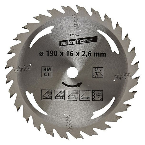 Wolfcraft 1 TCT Circular Saw Blade, D190MM X B16MM X K2.6MM - 28T | 6475000