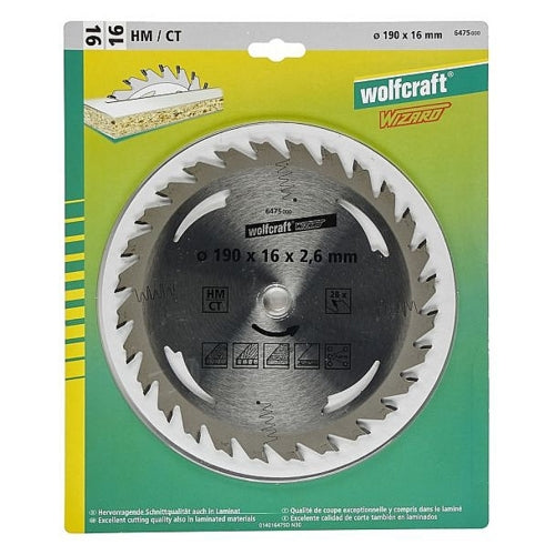 Wolfcraft 1 TCT Circular Saw Blade, D190MM X B16MM X K2.6MM - 28T | 6475000