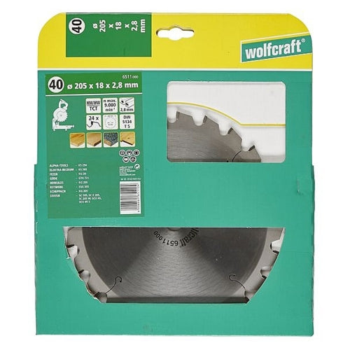 Wolfcraft 1 TCT Mitre Saw Blade, D205MM X B18MM X K2.8MM - 24T | 6511000