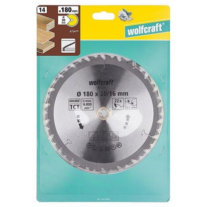 Wolfcraft 1 TCT Circular Saw Blade, D180MM X B20/16MM X K2.4MM - 22T | 6734000