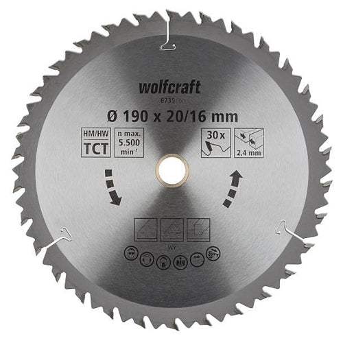 Wolfcraft 1 TCT Circular Saw Blade, D190MM X B16MM X K2.4MM - 30T | 6735000